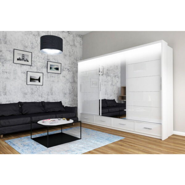 Mendeley 255cm High Gloss Sliding Wardrobe - Black, White, Grey - Image 2