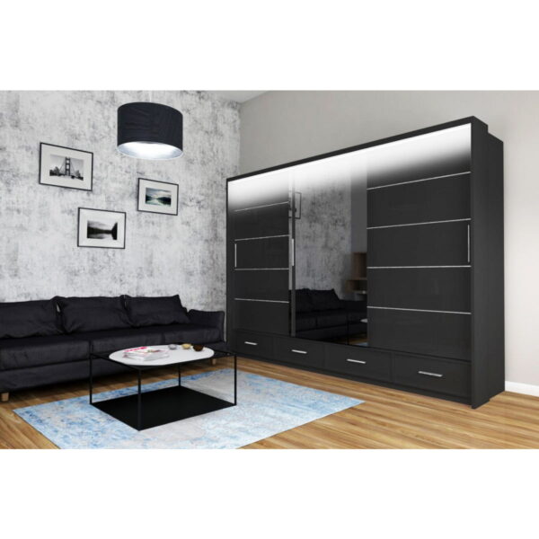 Mendeley 255cm High Gloss Sliding Wardrobe - Black, White, Grey - Image 3