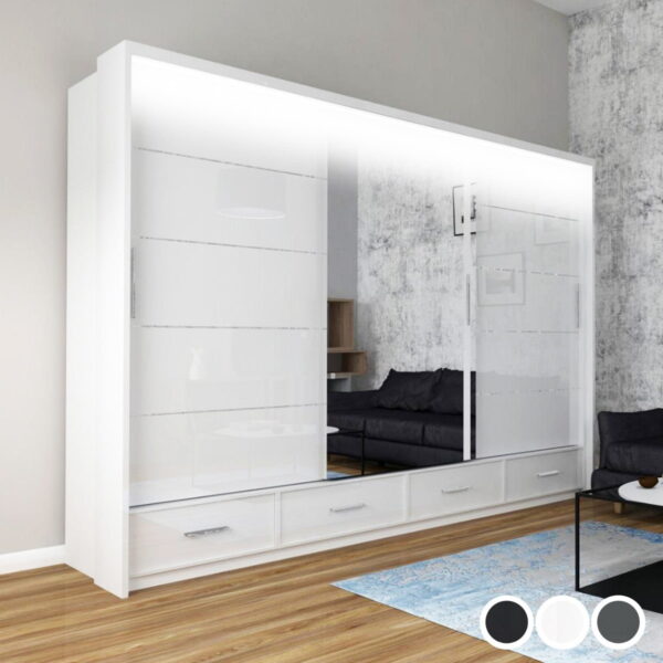 Mendeley 255cm High Gloss Sliding Wardrobe - Black, White, Grey